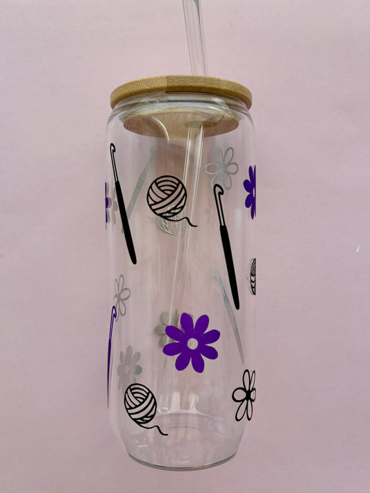Hooks and Daisies - Violet/ Vlack Shimmer Vinyl - Glass tumbler