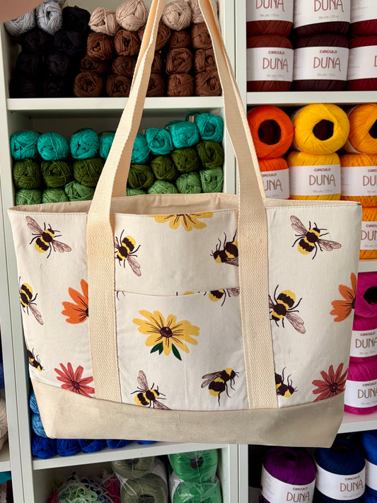 Bees and Flowers - Knitting & Crochet Project Tote with Matching Pouch