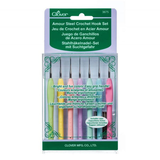Clover amour crochet hook set steel 3675 - IBM Yarns