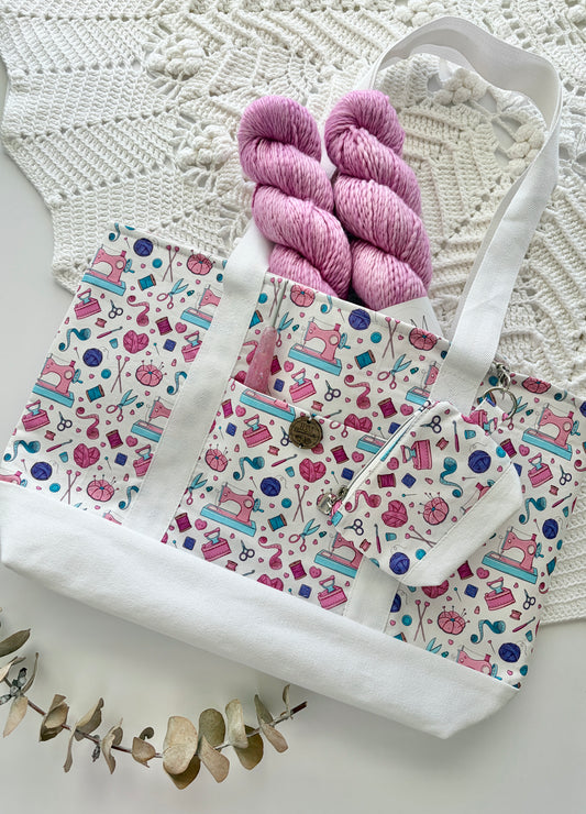 Yarn and Bobbins - Knitting & Crochet Project Tote with Matching Pouch