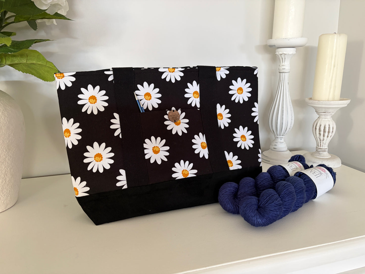Daisies - Knitting & Crochet Project Tote with Matching Pouch