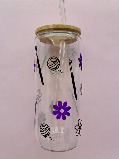 Hooks and Daisies - Violet/ Vlack Shimmer Vinyl - Glass tumbler