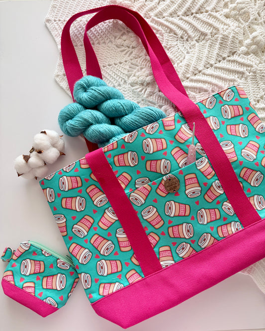 Coffee Cups - Knitting & Crochet Project Tote with Matching Pouch