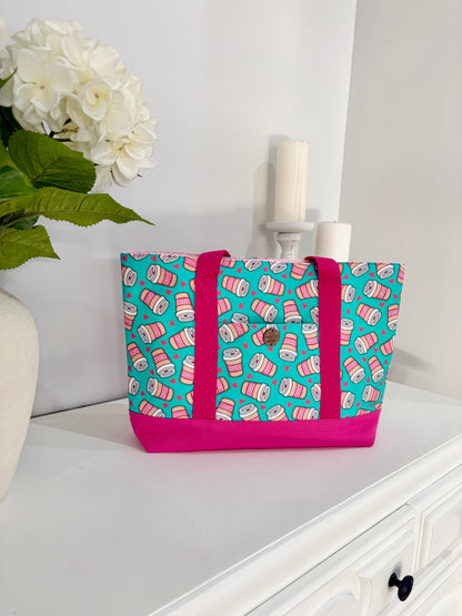 Coffee Cups - Knitting & Crochet Project Tote with Matching Pouch