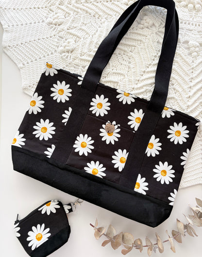 Daisies - Knitting & Crochet Project Tote with Matching Pouch