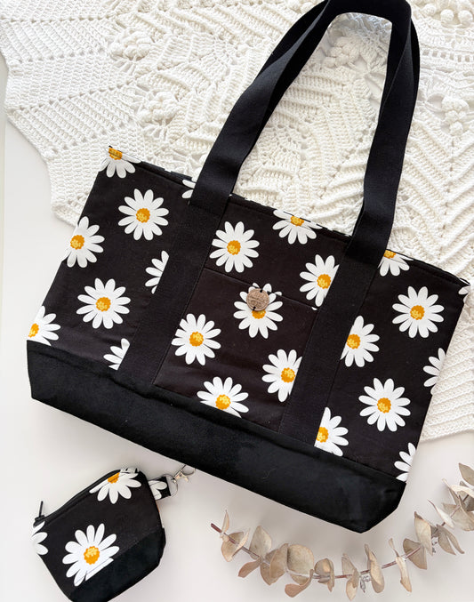 Daisies - Knitting & Crochet Project Tote with Matching Pouch