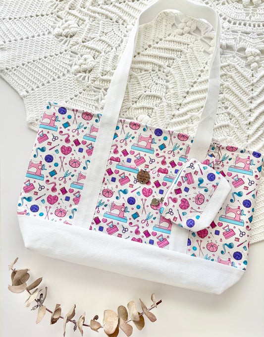 Yarn and Bobbins - Knitting & Crochet Project Tote with Matching Pouch