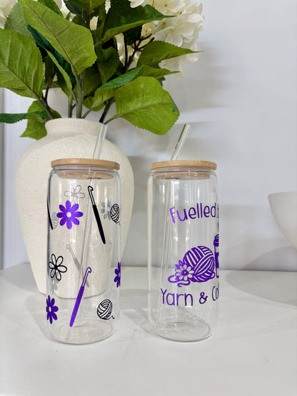 Fuelled by Yarn & Coffee - Violet Shimmer Vinyl - Glass tumbler