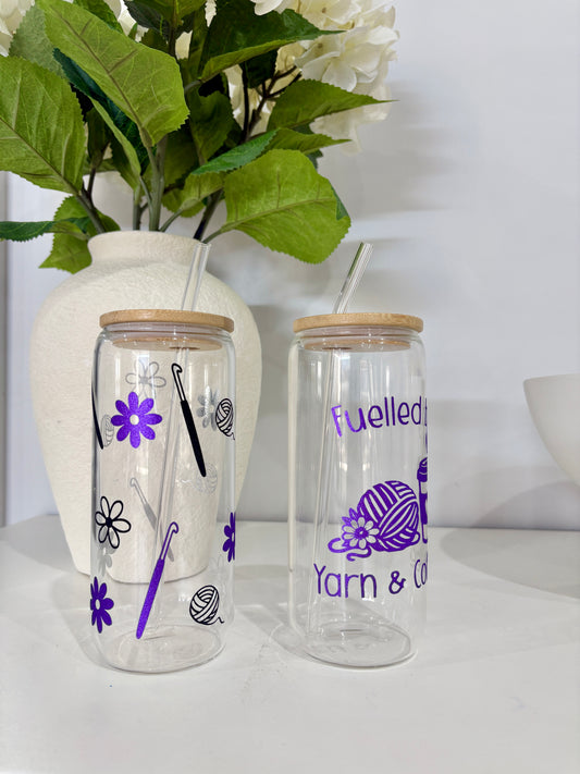 Fuelled by Yarn & Coffee - Violet Shimmer Vinyl - Glass tumbler