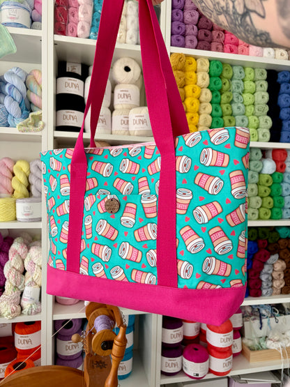 Coffee Cups - Knitting & Crochet Project Tote with Matching Pouch