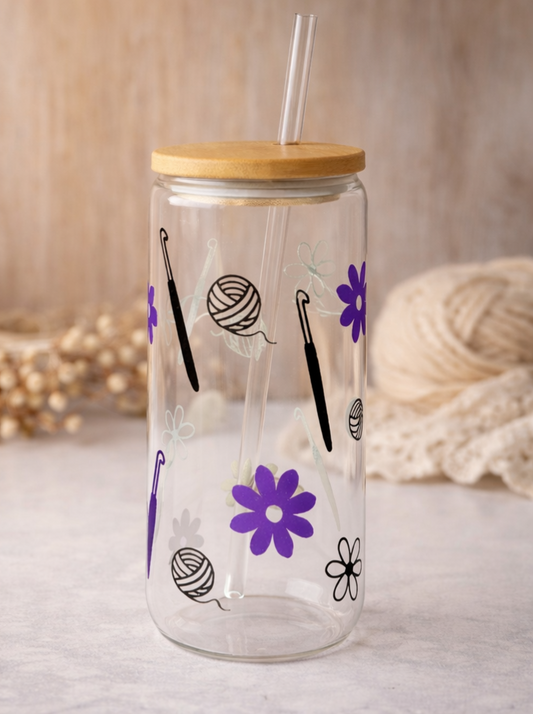 Hooks and Daisies - Violet/ Vlack Shimmer Vinyl - Glass tumbler