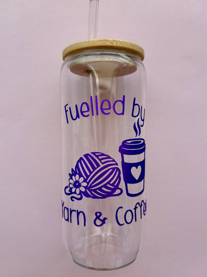 Fuelled by Yarn & Coffee - Violet Shimmer Vinyl - Glass tumbler