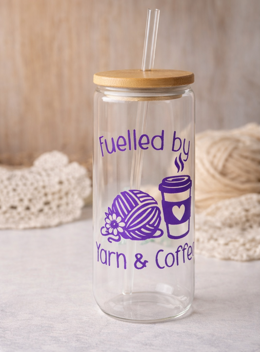 Fuelled by Yarn & Coffee - Violet Shimmer Vinyl - Glass tumbler