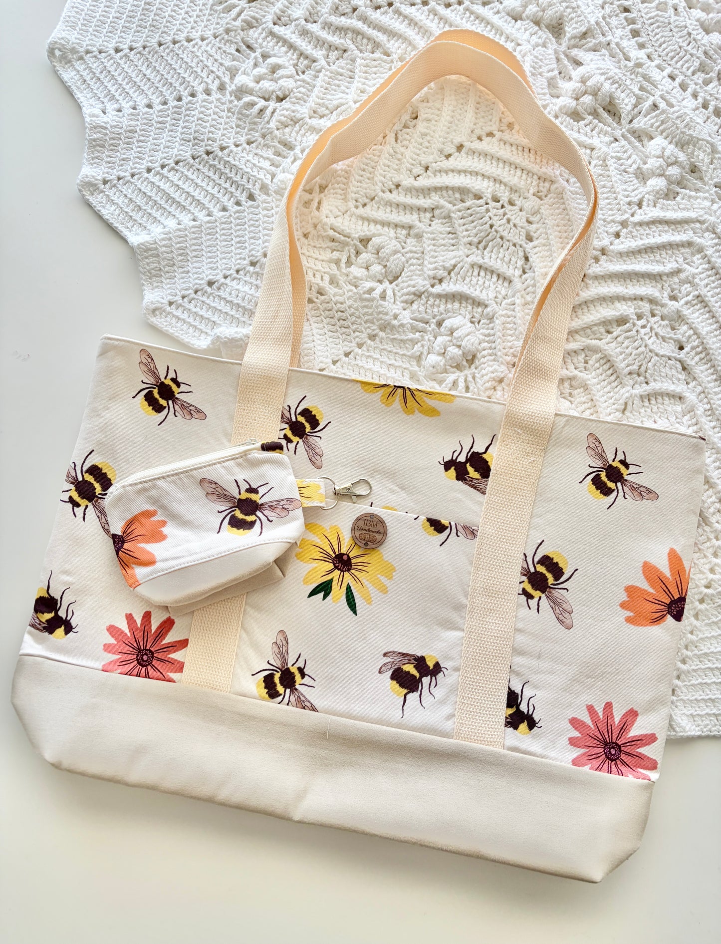 Bees and Flowers - Knitting & Crochet Project Tote with Matching Pouch