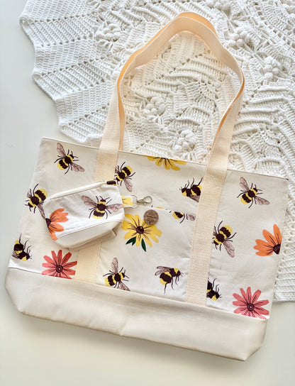 Bees and Flowers - Knitting & Crochet Project Tote with Matching Pouch