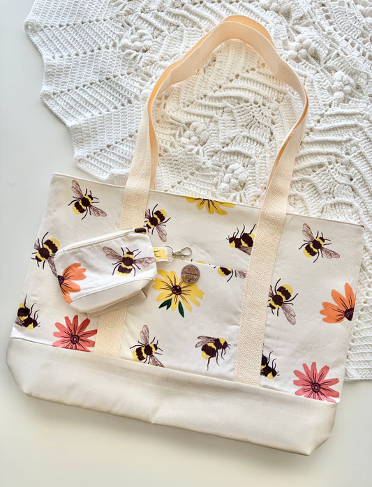 Bees and Flowers - Knitting & Crochet Project Tote with Matching Pouch