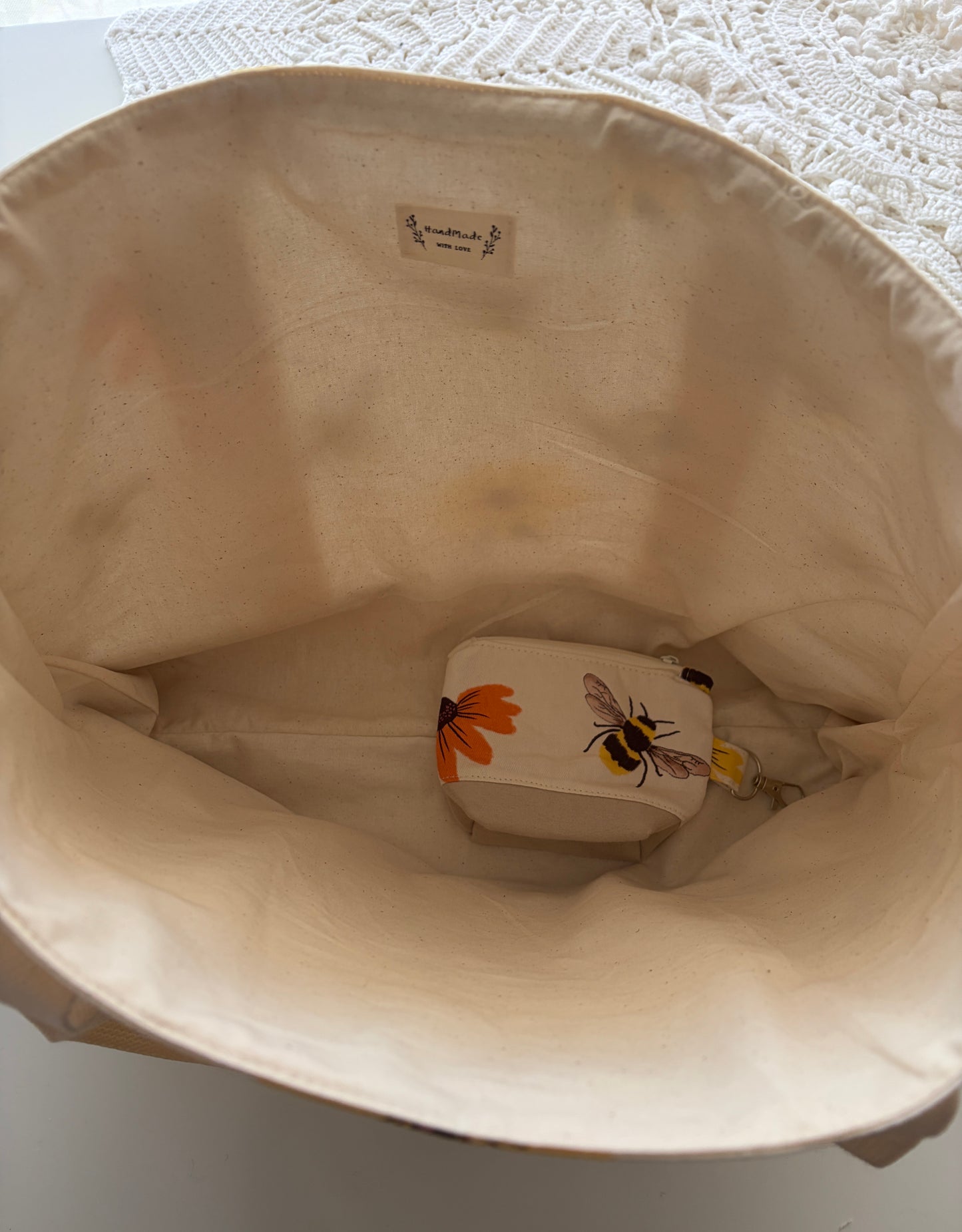 Bees and Flowers - Knitting & Crochet Project Tote with Matching Pouch